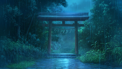 Shinto shrine archway (Torii). Styled like an anime or game background. Blue sky, sunset, sunrise, night, fog, snow, rain, cloudiness, autumn leaves, rainbow, etc.