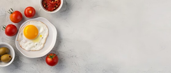 Wall Mural -  A white plate holds an egg Two bowls, one filled with tomatoes and the other with olives, are positioned beside it A third bowl of olives lies nearby