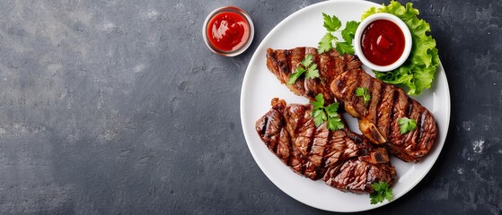  A white plate holds a steak and lettuce Nearby, there's a bowl of ketchup and a separate cup