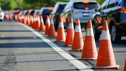 Canvas Print - During the day a line of vehicles stuck in road is marked with cones to direct traffic