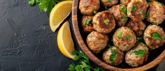 Wall Mural -  A wooden bowl holds meatballs, garnished with parsley Lemon wedges and more parsley sit nearby