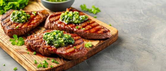 Wall Mural -  A wooden cutting board holds three steaks, each covered in savory sauce, and garnished with fresh green herbs