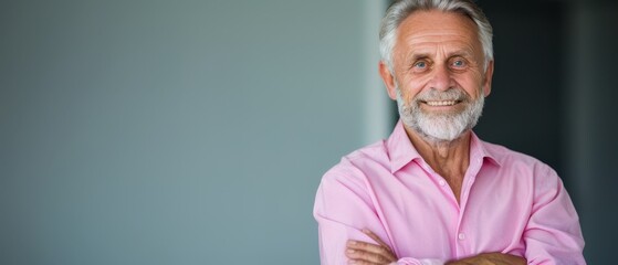 Wall Mural -  A bearded man in white, wearing a pink shirt, poses with crossed arms for the camera