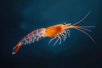 A close-up of a shrimp swimming. This image is perfect for illustrating marine biology, aquatic life, or the beauty of the ocean.