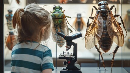 A curious child observes insects through a microscope, exploring the fascinating world of entomology and science.