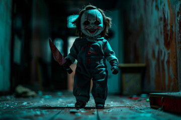 Wall Mural - Killer Doll Comes to Life with Psychopathic Intentions and Knife, Bringing Halloween Nightmares to Reality