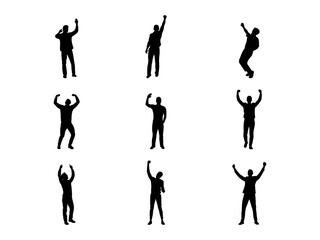 Wall Mural - Set of Man Raising Hands Silhouette in various poses isolated on white background