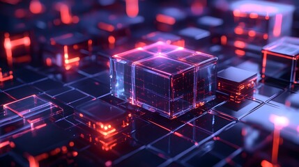 Glowing Futuristic Hexagonal Digital Technology Abstract Background with Luminous Cubes and Polygons