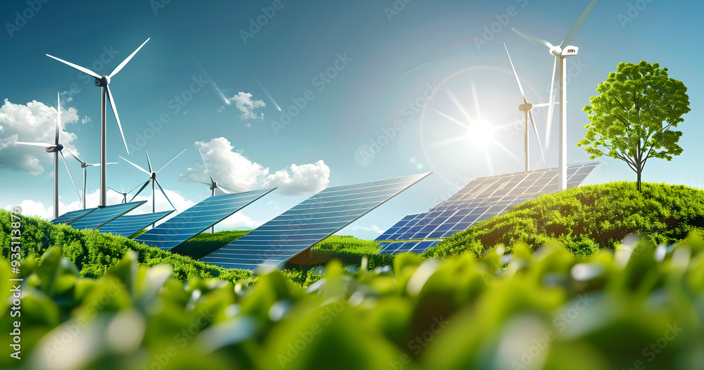 renewable energy banner background with green energy as wind turbines ...