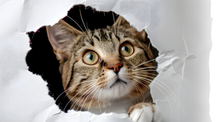 Wall Mural - cat looking up in paper side torn hole isolated