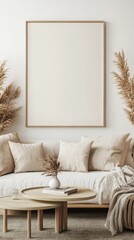 Wall Mural - Modern Living Room Interior with Elegant Poster Frame Mockup: 3D Rendered Contemporary Home Decor Featuring Sofa, Table, and Stylish Accessories. Minimalist Design Composition for Graphic Artists, Int