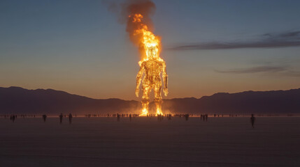 A large statue of a man is surrounded by a cloud of fire