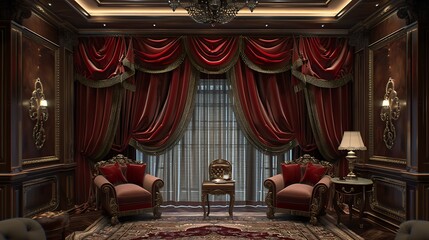 Canvas Print - Elegant draperies and plush crimson velvet theater curtains