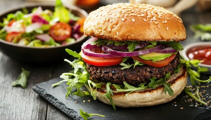 A close-up of a delicious black bean burger with avocado, red onion, tomato, and arugula on a black slate.