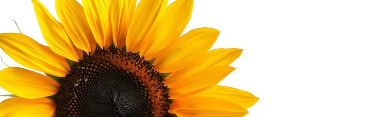 Ripe sunflower with yellow petals and dark middle, isolated on white background. 