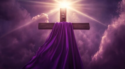 Wall Mural - Flowing Purple Robe On Wooden Cross With Light From Heaven Shining Through The Clouds - The Resurrection And Ascension Of Jesus Christ with generative ai