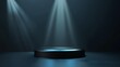 © Michael - Empty dark product black idea pedestal lab effect blue spotlight on a bright display podium background