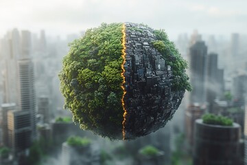 Wall Mural - Illustration of a divided Earth one half lush and green with renewable energy sources and the other half barren and polluted representing the choices we face in combating Climate Change