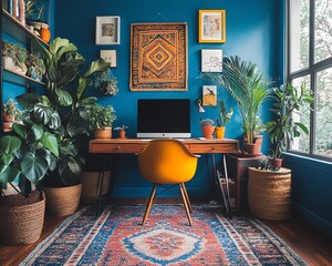 Boho midcentury modern home office, creative design, eclectic style