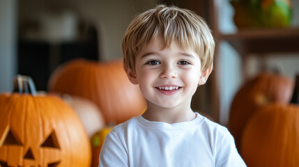 A cheerful little boy with a big smile stands in a warm, inviting room surrounded by carved pumpkins, embodying the joy of the Halloween season, copy space