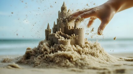 Hand Smashing a Sandcastle: A hand smashing a sandcastle on the beach, with sand flying.
