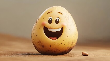 A friendly 3D cartoon potato, grinning on a light brown background, representing warmth and earthiness.