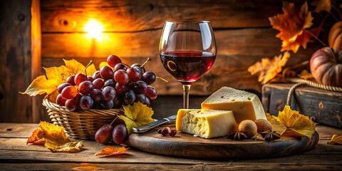 Golden hour wine o'clock still life, rustic wooden background, dim softbox lighting, rich burgundy wine, grapes, and artisanal cheese, evoking cozy autumn evening relaxation.