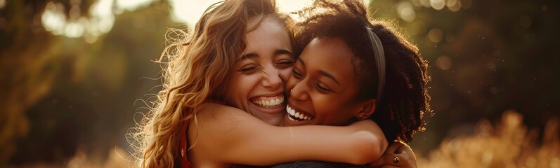 Two young women are having fun and friends are hugging each other.Two happy affectionate young woman hugging each other in a close embrace while laughing and smiling, young multiracial female friends.