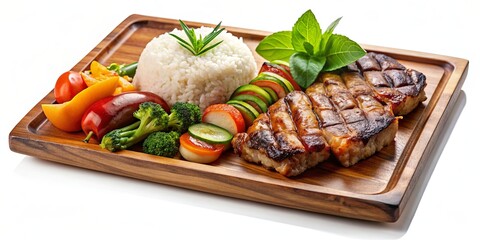 Asian inspired grilled meat, rice, and vegetable dish served on a wooden tray, isolated on a background