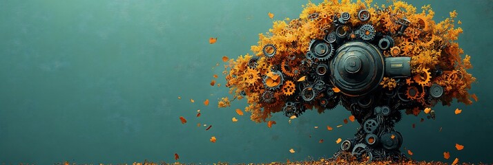 Wall Mural - Illustration of a tree made of interconnected gears and machinery representing the idea of nature being disrupted by industrialization and Climate Change