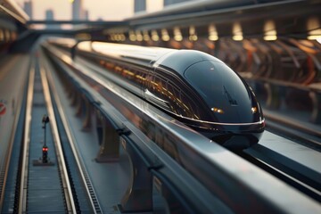 The monorail moves gracefully along the tracks, illustrating the efficiency of contemporary transit systems, A magnetic levitation train gliding smoothly above the tracks with minimal friction. 