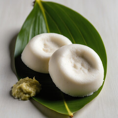 Steaming Idli Delight, Soft and fluffy white, textured to perfection, isolated on a subtle banana leaf background