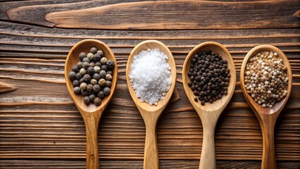 Wooden spoons filled with black pepper sea salt and ground pepper for seasoning