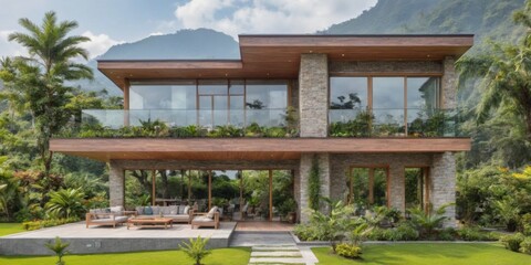 Modern two-story house in tropical garden with mountain views, f