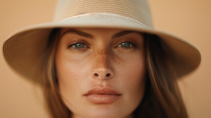 Wall Mural -  A tight shot of a woman in a white hat, her freckled hair framing her face, blue eyeshadow accentuating her expressive blue eyes