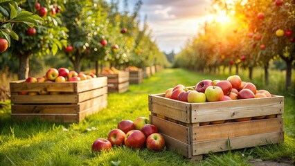 Wall Mural - Ripe organic apples in wooden boxes in apple orchard