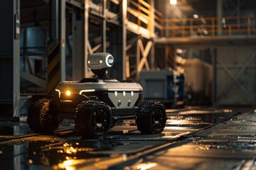 A robot is driving along a road, showcasing advanced technology in a modern transportation setting, A robotic vehicle performing autonomous missions in hazardous environments. AI generated