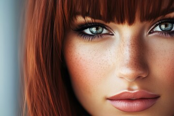 Close-up portrait of woman with stunning blue eyes freckles