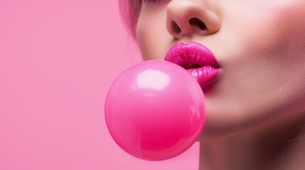 Wall Mural -  A tight shot of an individual with a balloon hovering before her lips, a bubble emerging from it