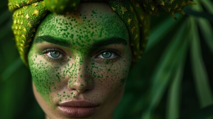 Wall Mural -  A woman with a green leaf atop her head and leaves encircling it, her face smeared with green paint