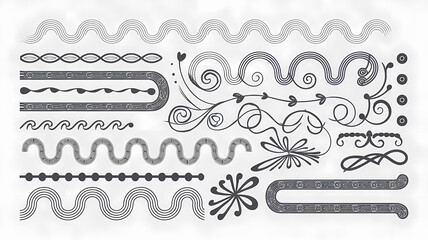 wavy border doodle elements black and white illustration, calligraphic design elements and page decoration