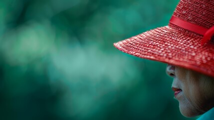  A woman dons a red hat with two red ribbons – one around the brim