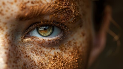 Poster -  A tight shot of a face generously coated with brown powder, particularly in the eye area