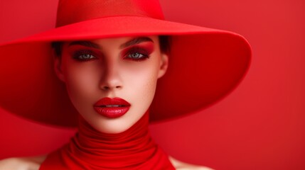  A woman dons a red hat and wears two red chokers