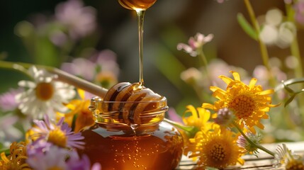 Flowers cover pure honey as it drips from a honey dipper into a jar