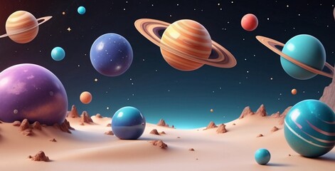 Wall Mural - Colorful planets and stars in a night sky above a sandy landscape.