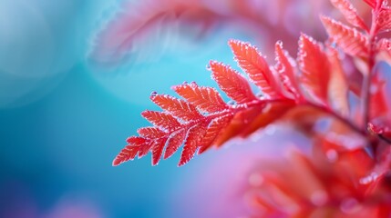  A red plant with dewdrops on its leaves and a blue sky as backdrop