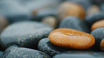  A tight shot of rocks, adorned with water droplets, against a softly blurred backdrop of more rocks