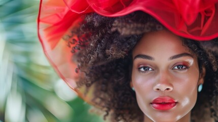  A close-up of a woman wearing a red hat atop her head and a red dress