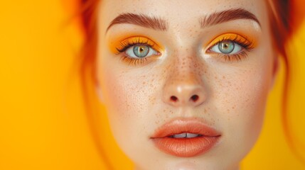  A tight shot of a woman's freckled face, her hair dotted with the same natural marks, makeup echoing the pattern